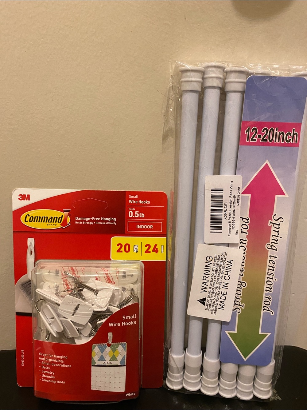 Command Small Wire Hooks - White (20 Pack) + White Spring Tension Rods
